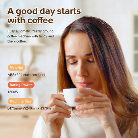 Woman enjoying coffee from a cup using Top Shelf Fully Automatic Espresso Coffee Maker With Integrated Milk Frother Precision Bean Grinder And One Touch Operation For No Sweat Slick Daily Brewing At Home.