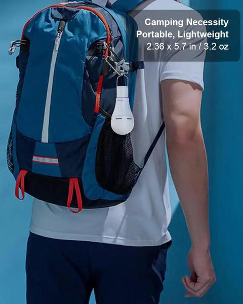 Usb Rechargeable Led Light Bulb hanging on a backpack with remote control four lighting modes and timer settings for camping pack of 2