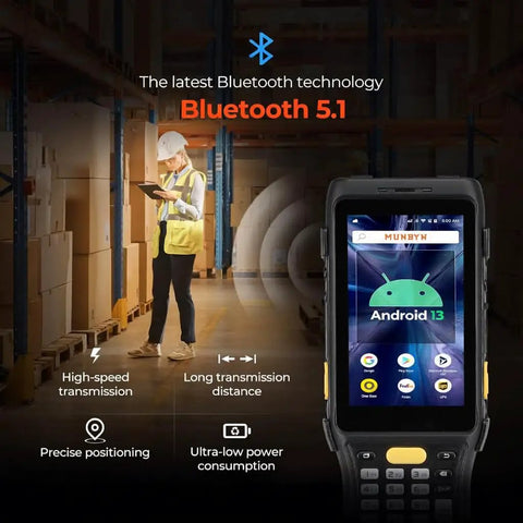Beast Mode Long Range Android 13 PDA Barcode Scanner With Zebra 4850, displayed in warehouse setting with worker.