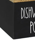 Wooden Dishwasher Pod Caddy With Secure Dustproof Lid, Rustic Farmhouse Countertop Storage Bin For Laundry Room Cleanup, Black Finish.
