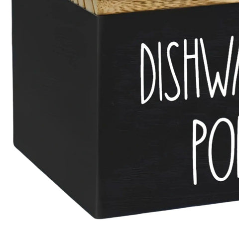 Wooden Dishwasher Pod Caddy With Secure Dustproof Lid, Rustic Farmhouse Countertop Storage Bin For Laundry Room Cleanup, Black Finish.