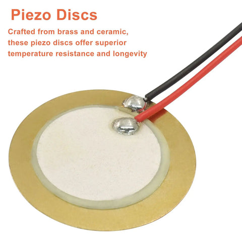 Close-up of brass-ceramic piezo disc with pre-wired leads for drum triggers and guitar pickups.