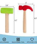 Ten Pack Kids Hammer Toy Set With Wooden Handles In Red And Green, Realistic Wood Tool Playset For Little Builders, Safe Durable Educational Pretend Play Toy For Boys And Girls. Green and red wooden toy hammers with size measurements.