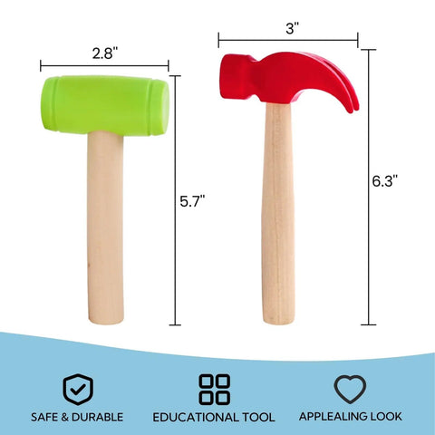 Ten Pack Kids Hammer Toy Set With Wooden Handles In Red And Green, Realistic Wood Tool Playset For Little Builders, Safe Durable Educational Pretend Play Toy For Boys And Girls. Green and red wooden toy hammers with size measurements.