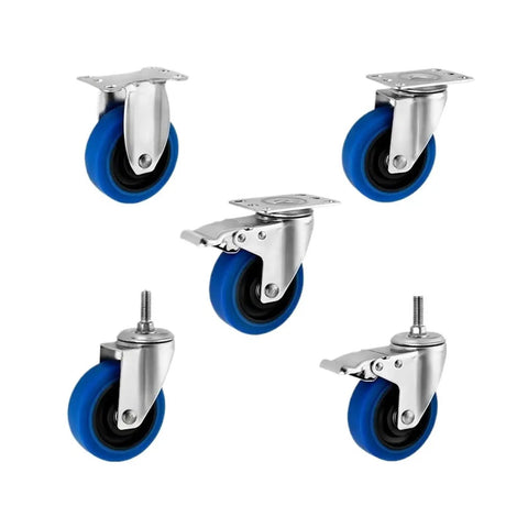 3, 4, And 5 Inch 304 Stainless Steel TPR Casters With Twin Shaft For Real Quiet Rolling, Heavy Duty Cart Casters With Blue TPR Wheels