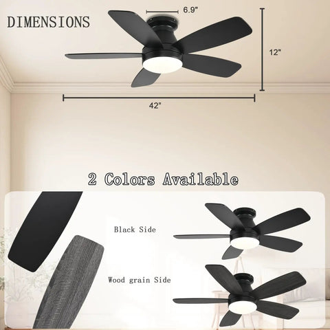 Dope 42 Inch Low Profile Ceiling Fan With Lights Remote App Control Reversible DC Motor Dimmable 3CCT Black Flush Mount