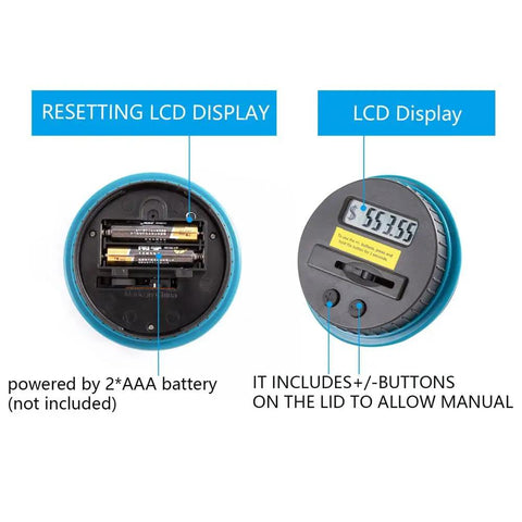 Ultra Large Coin Bank With LCD Counter And 4.2L Capacity, Battery compartment open showing space for two AAA batteries, LCD lid details