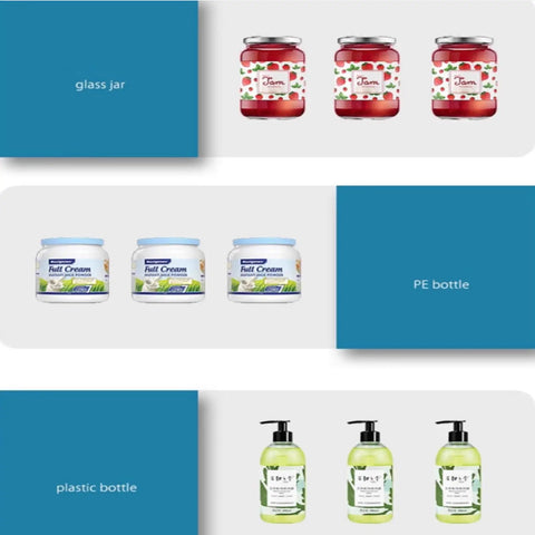 Smooth Operator High Speed Automatic Round Bottle Labeling Machine Desktop Conveyor Label Applicator For Wine Cans Cosmetics 110V With Fast Coding Installation displayed with glass jars, PE bottles, and plastic bottles.