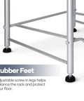 Close-up of the adjustable rubber feet on the 5 Tier Water Jug Rack for 5 Gallon Bottles With Detachable Shelves, silver finish.