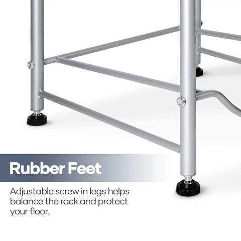 Close-up of the adjustable rubber feet on the 5 Tier Water Jug Rack for 5 Gallon Bottles With Detachable Shelves, silver finish.