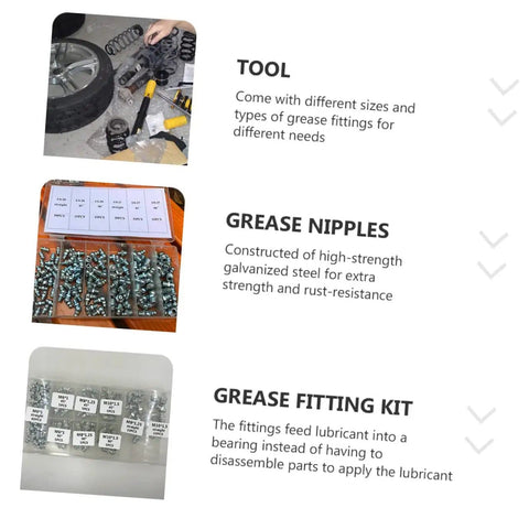 All In One Hydraulic Fittings Replacement Kit with 260 Grease Fittings Nipples and Accessories display including tools and packaging.
