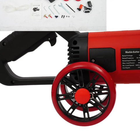 Heavy Duty Electric Concrete Cutter With 13 Inch Diamond Blade And Rolling Stand 4000W showing red wheels and handle for maneuverability.