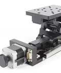Motorized Rotary Positioning Stage With Vertical Travel For Lab Optical Instrumentation, metallic platform, side view.