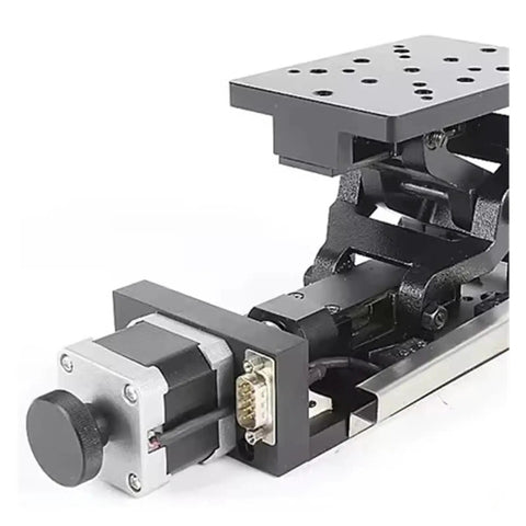 Motorized Rotary Positioning Stage With Vertical Travel For Lab Optical Instrumentation, metallic platform, side view.