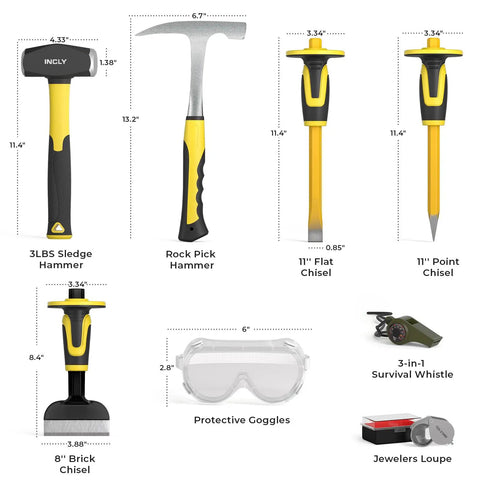 8 Piece Rock Hounding Gear Kit With 3lb Sledge And 32oz Rock Hammer, Concrete Chisels, Brick Chisel, Safety Goggles, Jewelers Loupe For Geology