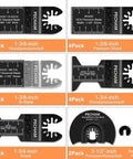 PECHAM 24-pack oscillating multitool blades; front views of wood and metal blades in 1-3/8 and 1-3/4 inch sizes