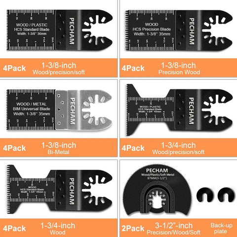 PECHAM 24-pack oscillating multitool blades; front views of wood and metal blades in 1-3/8 and 1-3/4 inch sizes