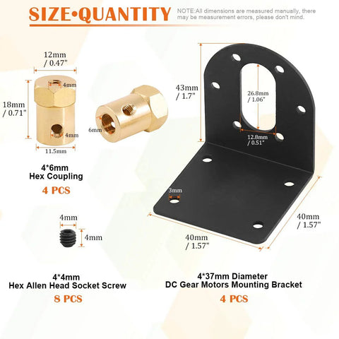 Set of 4 black 37mm DC gear motor mounting brackets with base plate; includes 4x6mm hex couplings and 8x4mm screws.