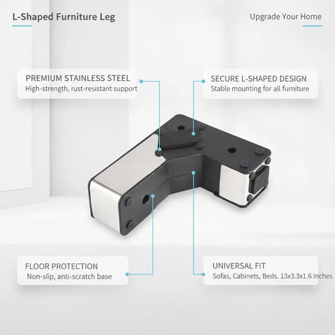 Easy Install L Shaped Furniture Leg Replacement with Stainless Steel Support for Sofa Cabinet and Bed Frame Repair shown with dimensions 13x3.3x1.6 inches.