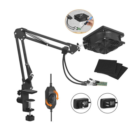 Ultimate Third Hand Soldering Station With Adjustable Gooseneck Arms Smoke Absorber and filter sponges displayed.