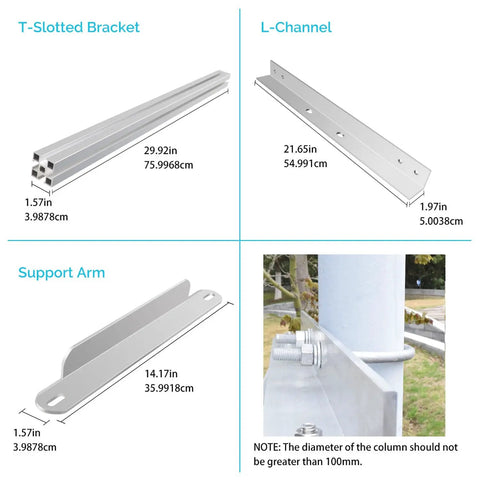 T-slotted bracket and support arm components of Heavy Rugged Solar Panel Pole Mount for Off Grid Living for DIY setups.