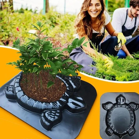Turtle Stepping Stone Mold for Concrete Pathways 17.3 by 15 by 1.6 Inch cement mold with a plant growing, shown in a garden setting.