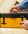 Stainless Steel Rubber Hood Catch 2 Pack With Flexible T Handle Hasp Latches securing yellow toolbox lid.