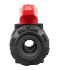 Solid Two Pack PVC True Union Ball Valve NPT Threaded With Full Port EPDM O Rings And Reversible PTFE Seats Rated At Two Hundred PSI One Half Inch NPT Threaded front view.