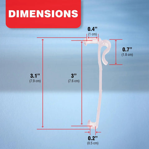 Top Notch Three Inch Valance Clips For Window Shades And Blinds With Slick Universal Bracket Setup Solid Grip Holders dimensions on blue background.