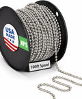Ten Ball Chain Spool 100 Feet Nickel Plated Steel Beaded Chain on USA made spool for pull chain jewelry crafts labeling DIY.