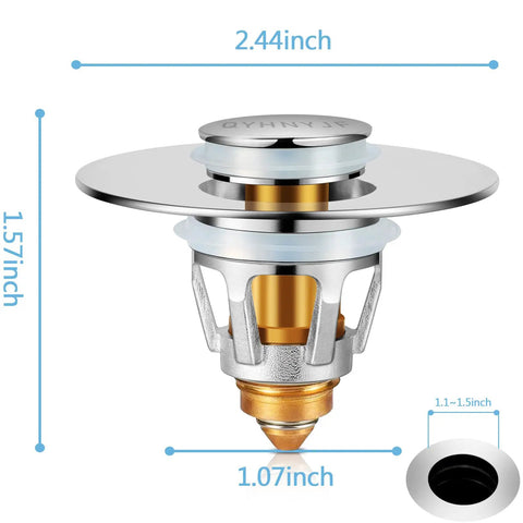 Heavy Duty Bathroom Sink Stopper With Solid Pop Up Drain Strainer and Smart Hair Catcher design, 2.44x1.57x1.07 inches.