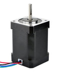 Front view of Nema 17 bipolar stepper motor, 60mm frame, black housing, silver shaft, 4-wire leads