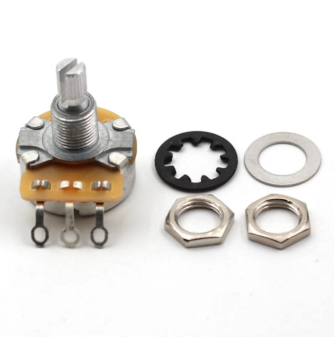 Set of four 500k audio-taper split-shaft guitar potentiometers with mounting nuts and washers