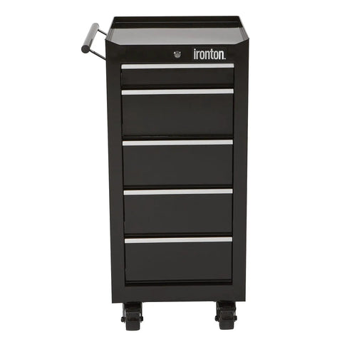 Front view of 5 Drawer Rolling Tool Cabinet 17 Inch 75 Pound Capacity Welded Steel Construction With Rust Resistant Powder Coat Heavy Duty Garage Organizer With Smooth Glide Wheels For Tools And Hardware.