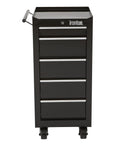 Front view of black 5 Drawer Rolling Tool Cabinet 17 Inch 75 Pound Capacity Welded Steel Construction With Rust Resistant Powder Coat Heavy Duty Garage Organizer With Smooth Glide Wheels For Tools And Hardware