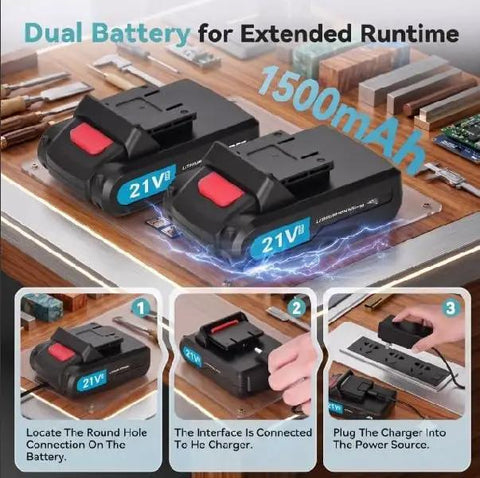21V Cordless Drill Set Featuring A 3/8 Inch Keyless Chuck For Hassle Free Bit Swaps And Consistent Power, dual batteries 1500mAh on a wooden surface.