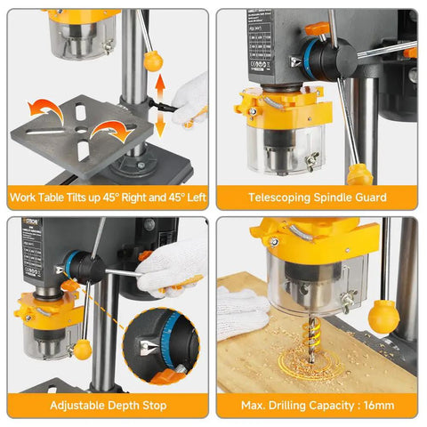 Variable Speed Benchtop Drill Press With Five Eighth Inch Chuck, 170mm Work Table And 50mm Spindle Travel, adjustable features shown