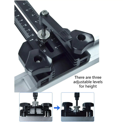 Close-up of Pro Grade Aluminum T Track Jig for Precise Woodworking Cuts on Tablesaw, Bandsaw and Routers with adjustable levels.