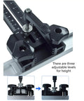 Close-up of Pro Grade Aluminum T Track Positioning Jig For Woodworking with three height adjustment levels visible