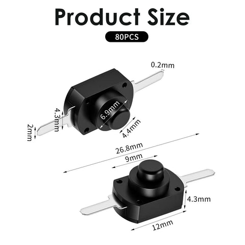 80 Piece Mini Latching Push Button Switch On Off Self Lock DC 30V 1A Black Micro Switch size diagram