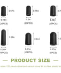 105 Piece Vacuum Cap Kit With Storage Case, Six Sizes From 5/32 To 3/8 Inch, detailed size chart with dimensions and quantities