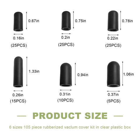 105 Piece Vacuum Cap Kit With Storage Case, Six Sizes From 5/32 To 3/8 Inch, detailed size chart with dimensions and quantities