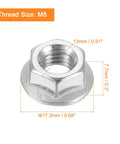 Rock Solid Left Hand Reverse Nuts M8x1.25mm 304 Stainless Steel Serrated Flange with dimensions, ideal for heavy duty DIY projects.