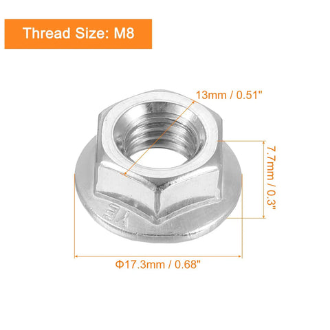 Rock Solid Left Hand Reverse Nuts M8x1.25mm 304 Stainless Steel Serrated Flange with dimensions, ideal for heavy duty DIY projects.