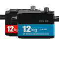 Top Tier Digital Servo Motor With Hella Solid Metal Gears Delivering Serious 12kg Torque For Buttery Smooth 270 Degree Steering On RC Cars And Epic Robotics Projects, showing two servo motors in black and blue.