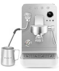 Semi Pro Home Espresso Machine With 15 Bar Pump Triple Thermoblock Heating 58mm Portafilter Steam Wand And Made In Italy Craftsmanship In White shown from the front, displaying steam wand and control dials.