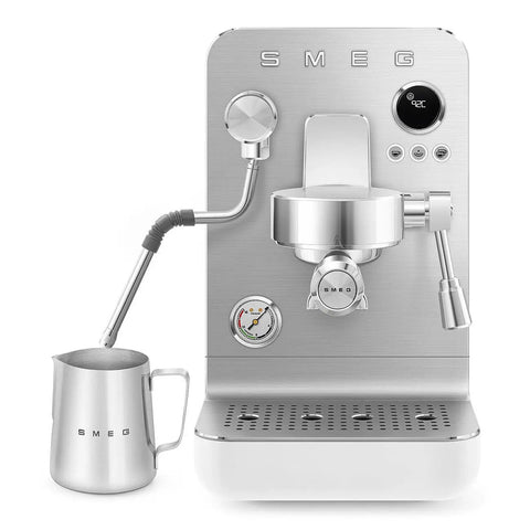 Semi Pro Home Espresso Machine With 15 Bar Pump Triple Thermoblock Heating 58mm Portafilter Steam Wand And Made In Italy Craftsmanship In White shown from the front, displaying steam wand and control dials.
