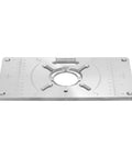 Top Shelf Aluminum Router Table Insert Plate With Four Tough Guide Rings For Rock Solid Woodworking And Knockout Precision Trimming Shop Gear And Upgrade Tools, solid aluminum plate with measurement markings.