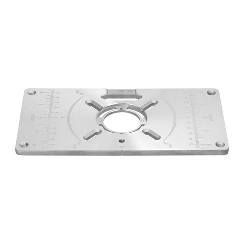 Top Shelf Aluminum Router Table Insert Plate With Four Tough Guide Rings For Rock Solid Woodworking And Knockout Precision Trimming Shop Gear And Upgrade Tools, solid aluminum plate with measurement markings.