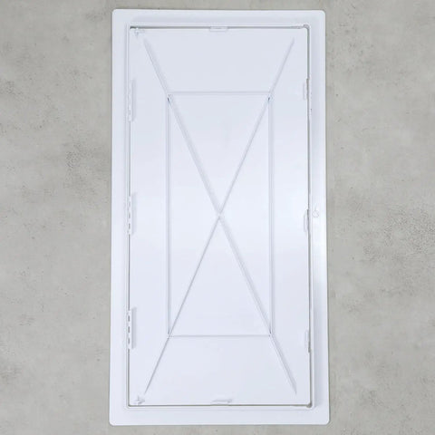 No Hassle Drywall Access Panel, 14 X 29 Inch Abs Plastic Removable, viewed from above, flat white surface.